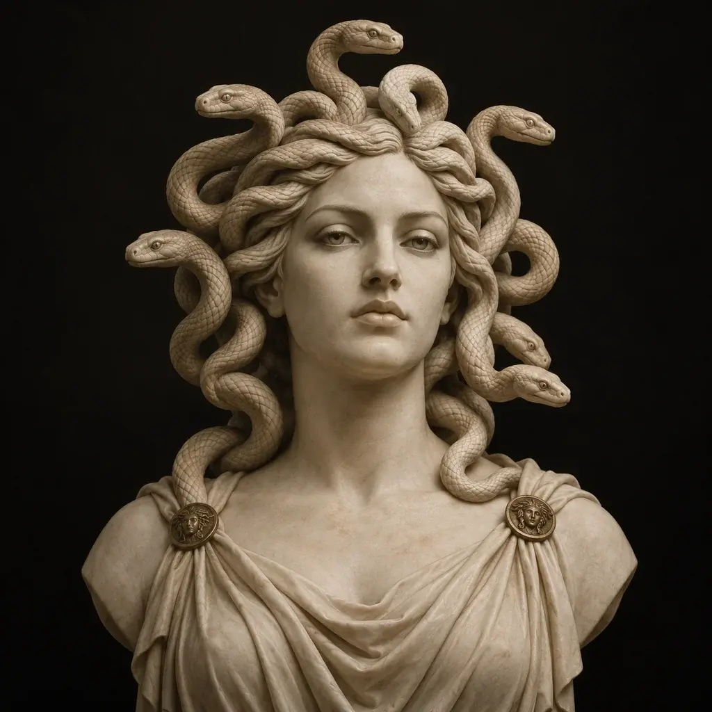 Sculptural portrait of Medusa with snakes woven through her hair