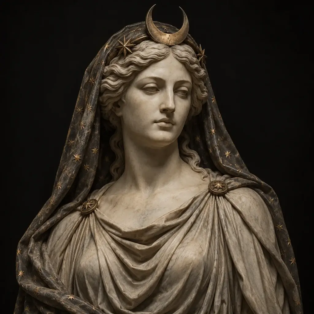 Sculptural portrait of Nyx with a starry veil and crescent ornament