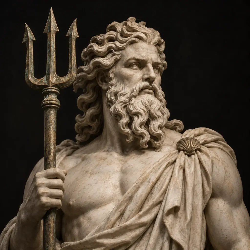 Sculptural portrait of Poseidon holding a trident