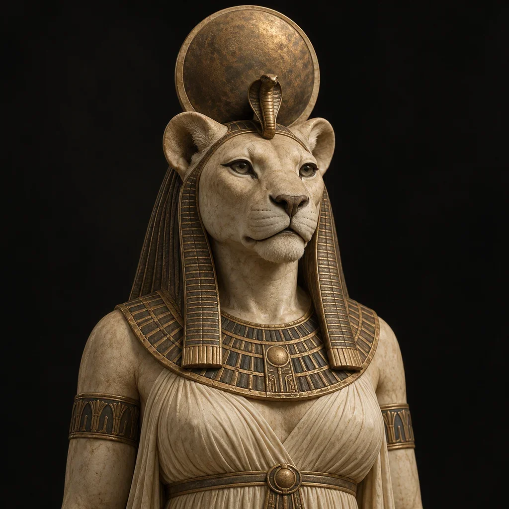 Sculptural portrait of the lioness-headed Sekhmet with a solar disk