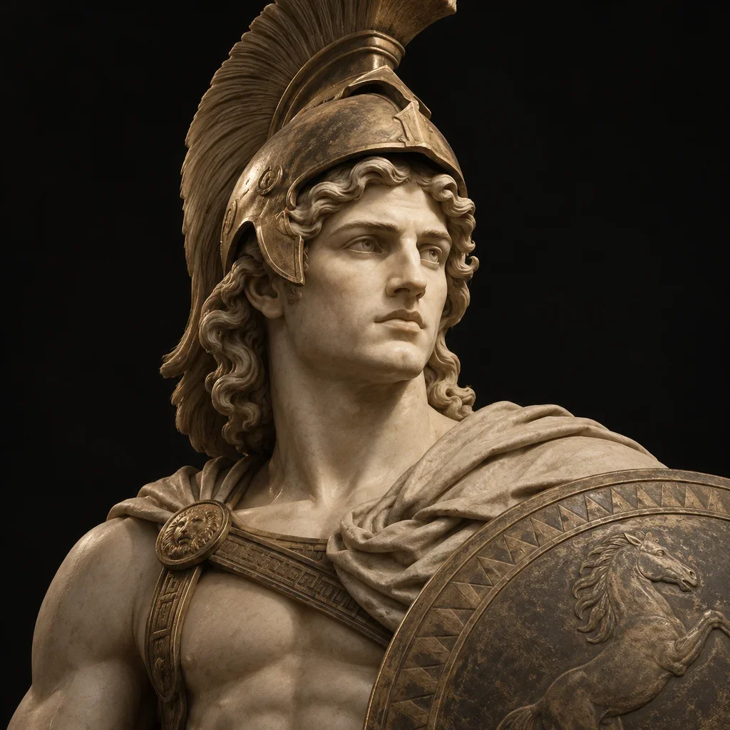 Sculptural portrait of Achilles wearing a crested helmet and carrying a shield