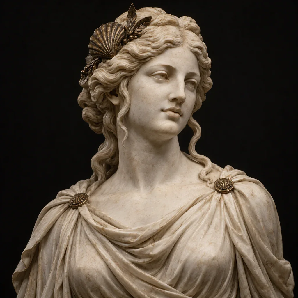 Sculptural portrait of Aphrodite with drapery and a shell motif