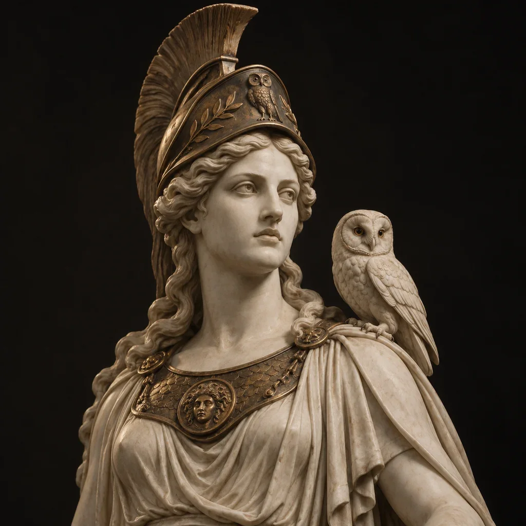 Sculptural portrait of Athena in a helmet with an owl