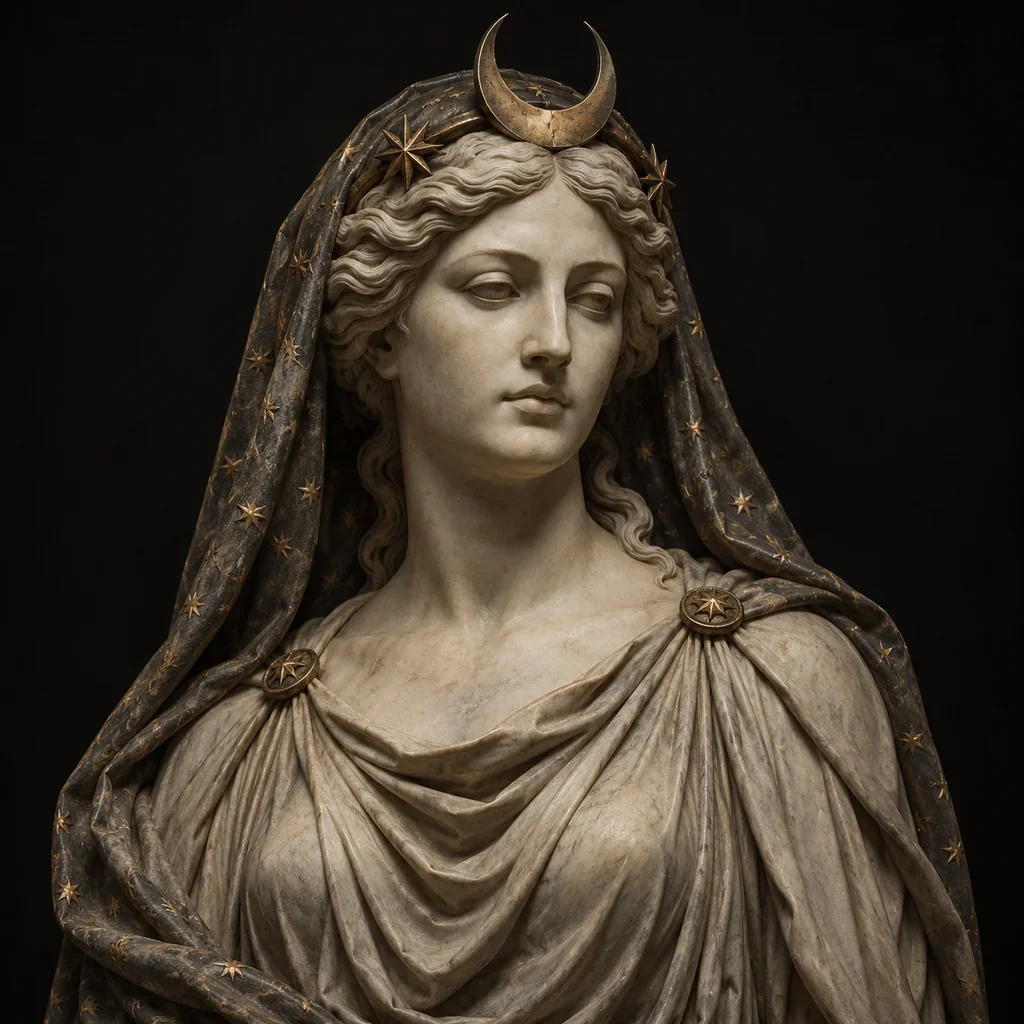 Sculptural portrait of Nyx with a starry veil and crescent ornament